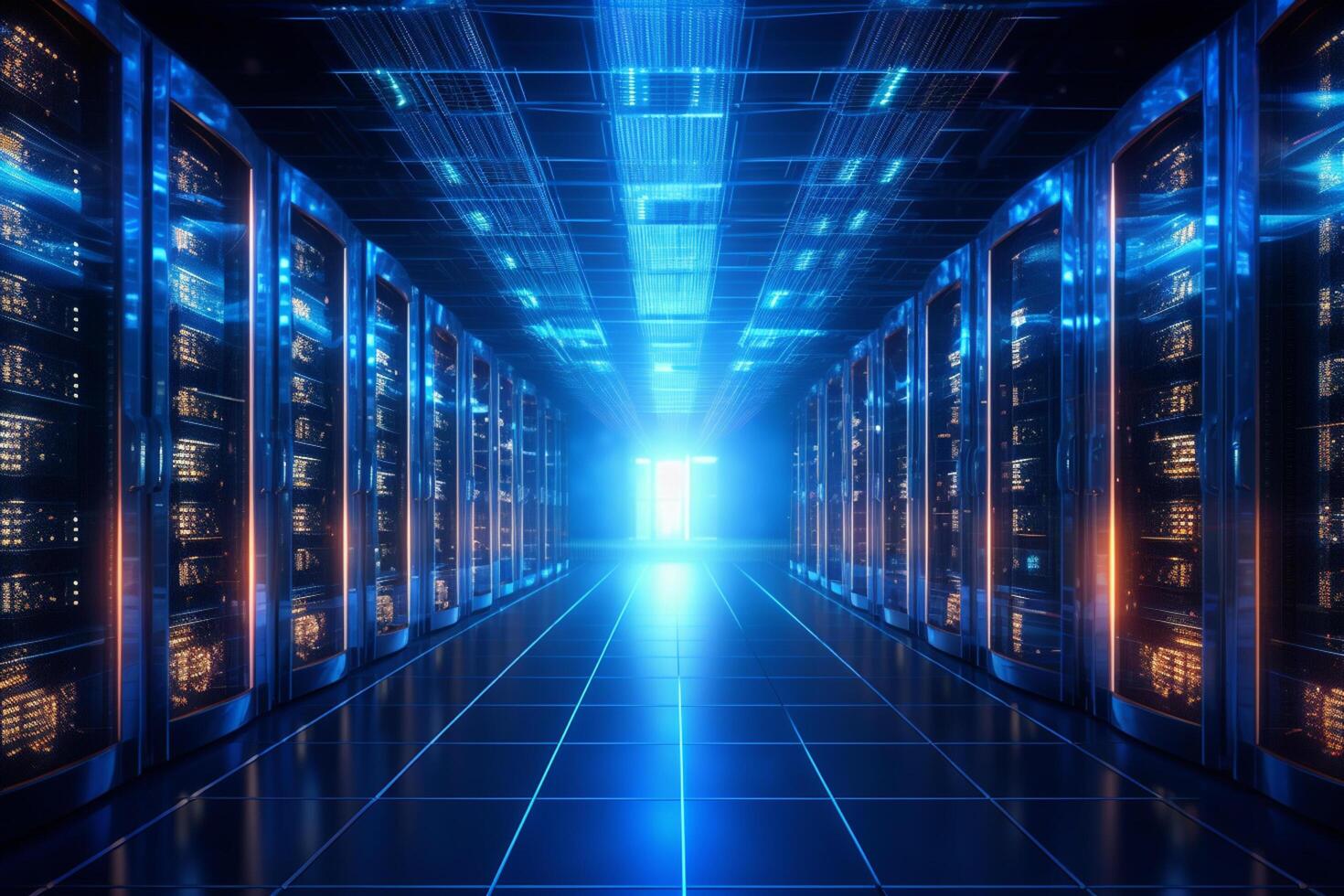 Server room data center. Backup, mining, hosting, mainframe, farm and computer rack with storage information. photo