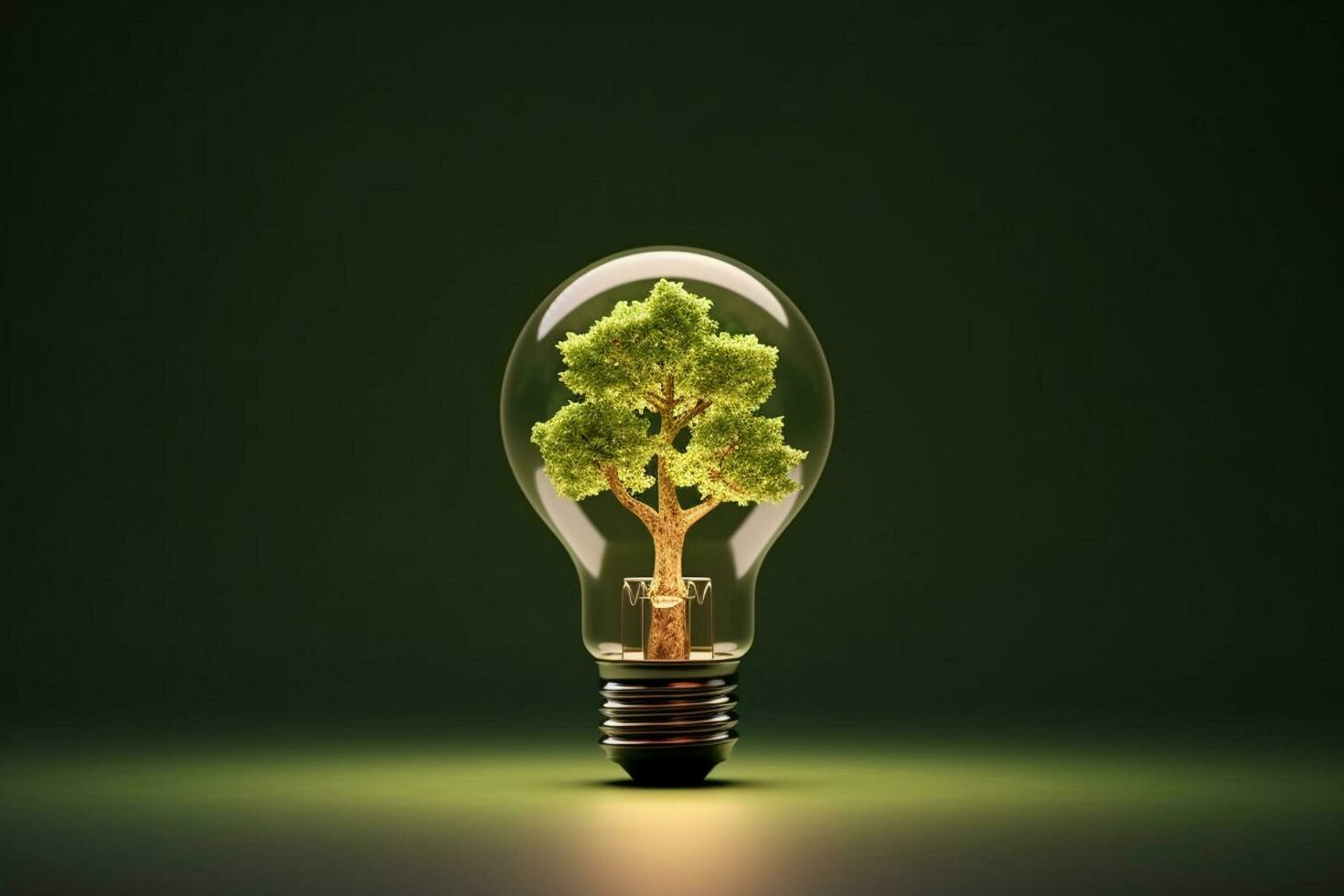 Green tree inside a lightbulb on dark background with copy space photo