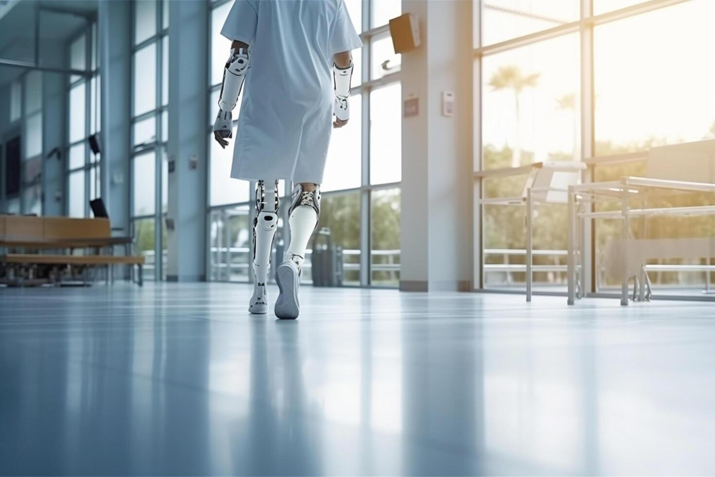 Robot walking on crutches in the hospital, closeup photo
