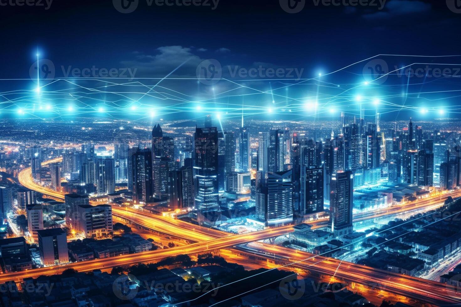 Modern city at night with connection lines on the background. photo