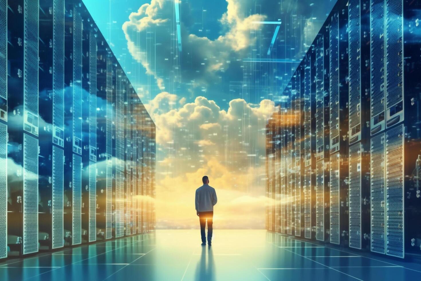 Back view of businessman looking at night city and binary code concept. 3D Rendering photo