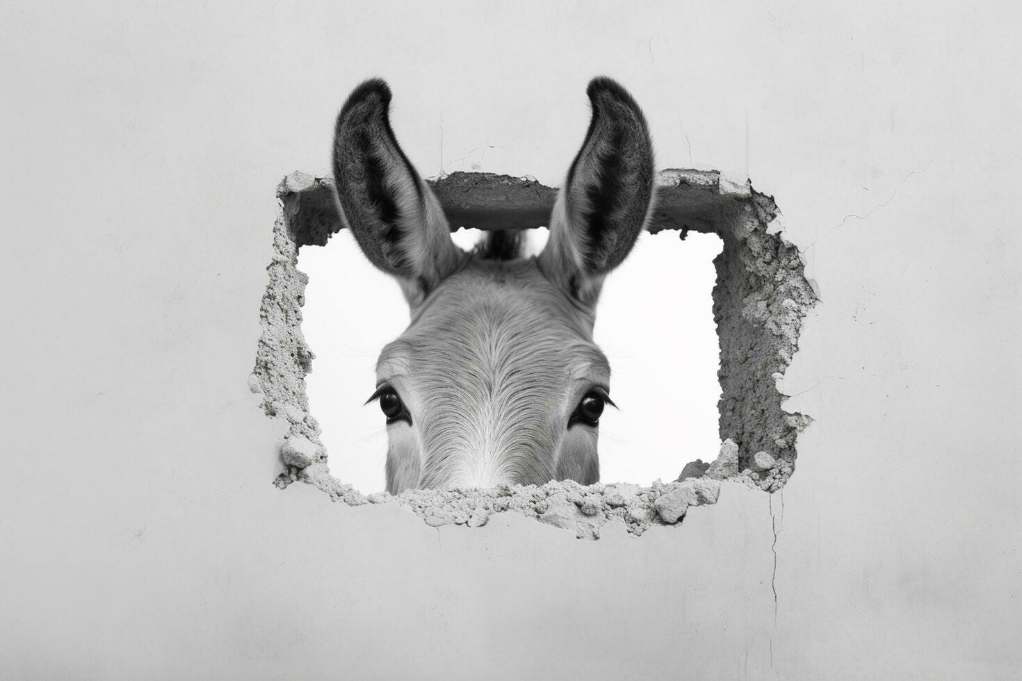 blanco Burro echar un vistazo fuera de un agujero en un gris pared. ai generativo foto