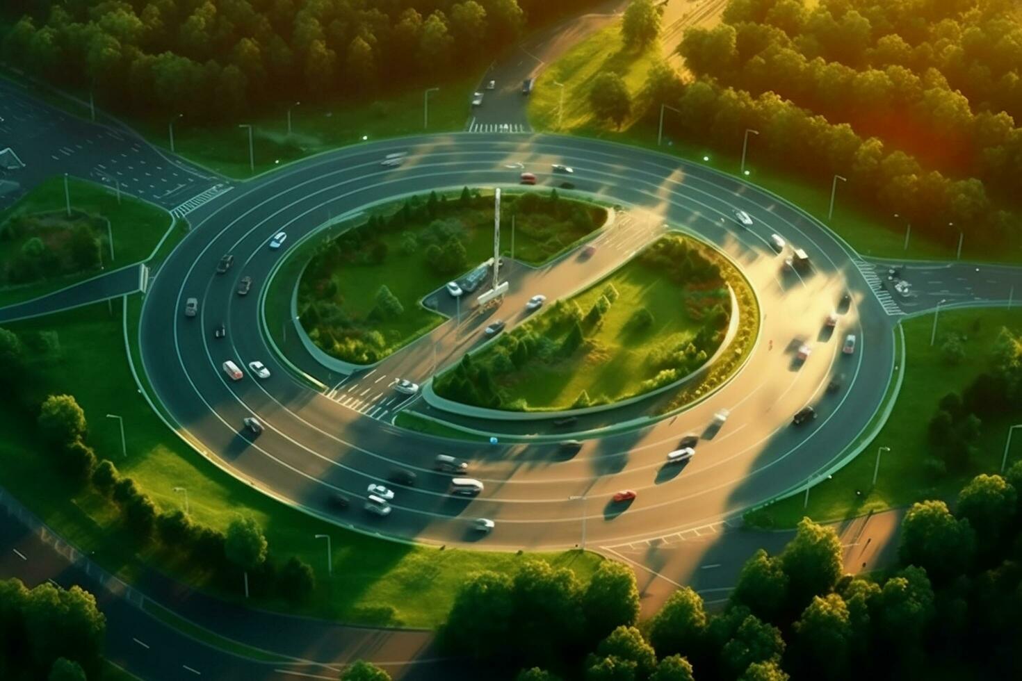 Aerial top view of a roundabout in the middle of a green city photo