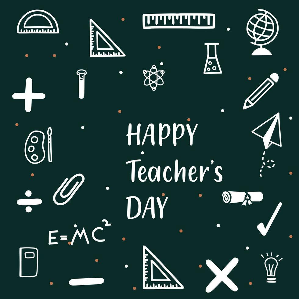 Happy Teachers Day vector illustration with school equipment. Happy teacher's day greeting card. Celebrating Teacher's Day with icon set.