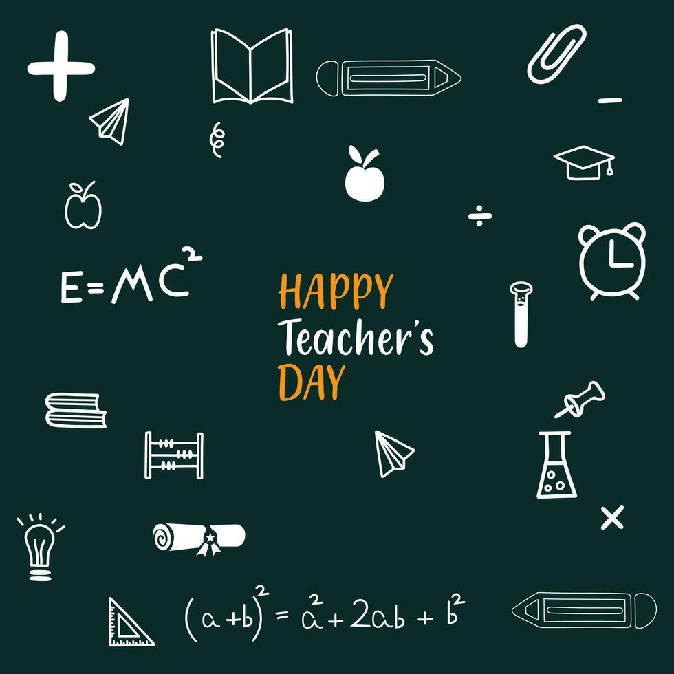 Happy Teachers Day vector illustration with school equipment. Happy teacher's day greeting card. Celebrating Teacher's Day with icon set.