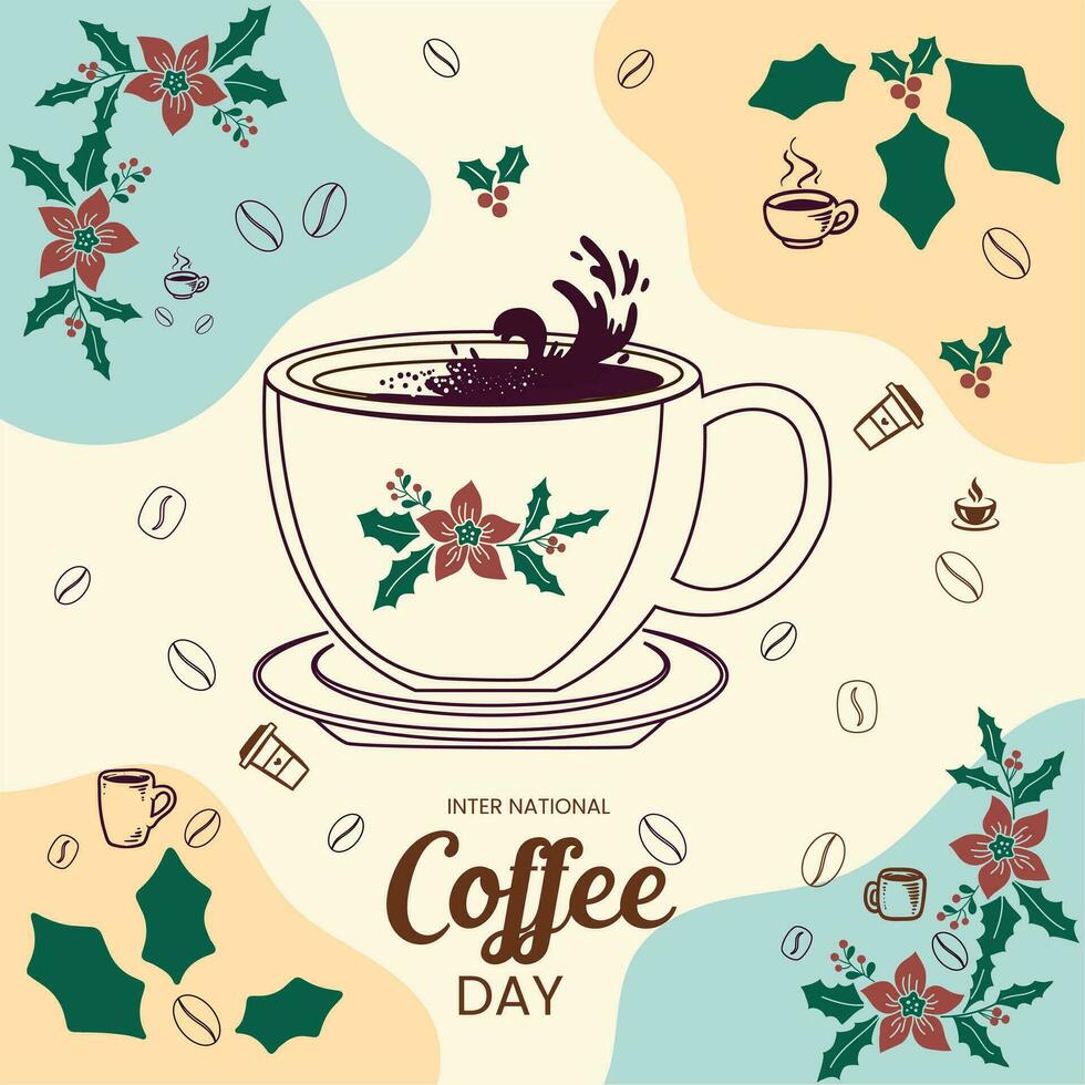 internacional café día, adecuado para saludo tarjeta. café día modelo antecedentes diseño con mano dibujo estilo. vector