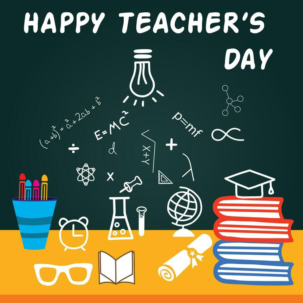 Happy teacher's day greeting card. Celebrating Teacher's Day with icon set. Happy Teachers Day vector illustration with school equipment. Happy teacher's day background design. Best teacher ever.