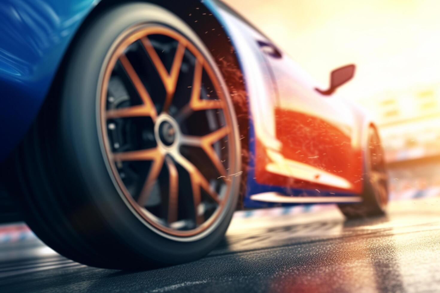 Burning sport car on the road. 3d rendering image. Ai generated photo