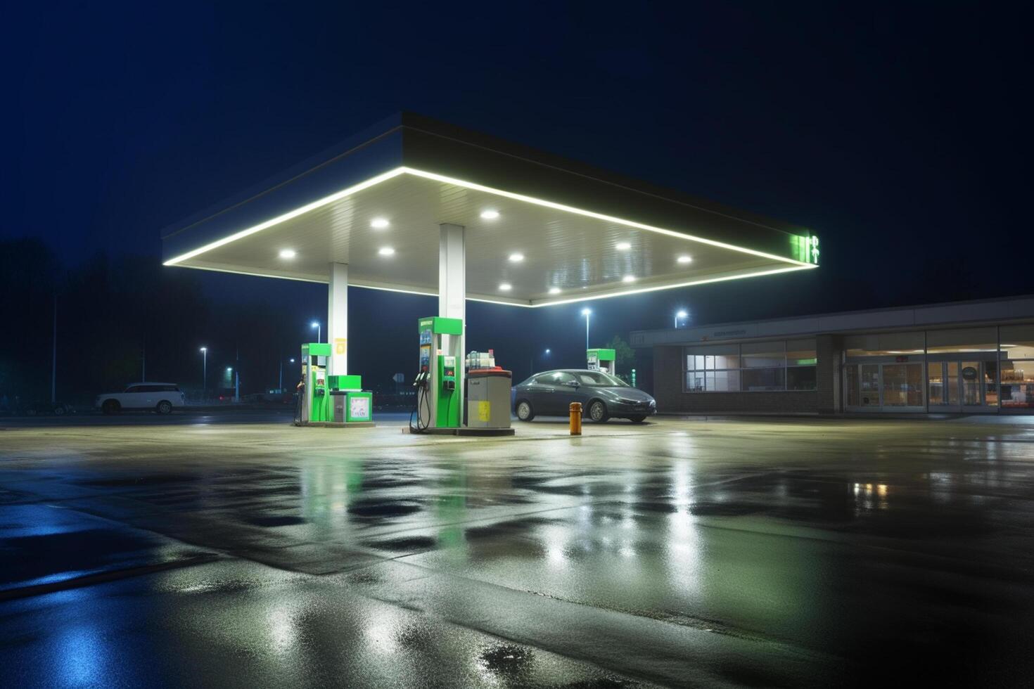 gas estación a noche. repostaje de gasolina a gas estación ai generado foto