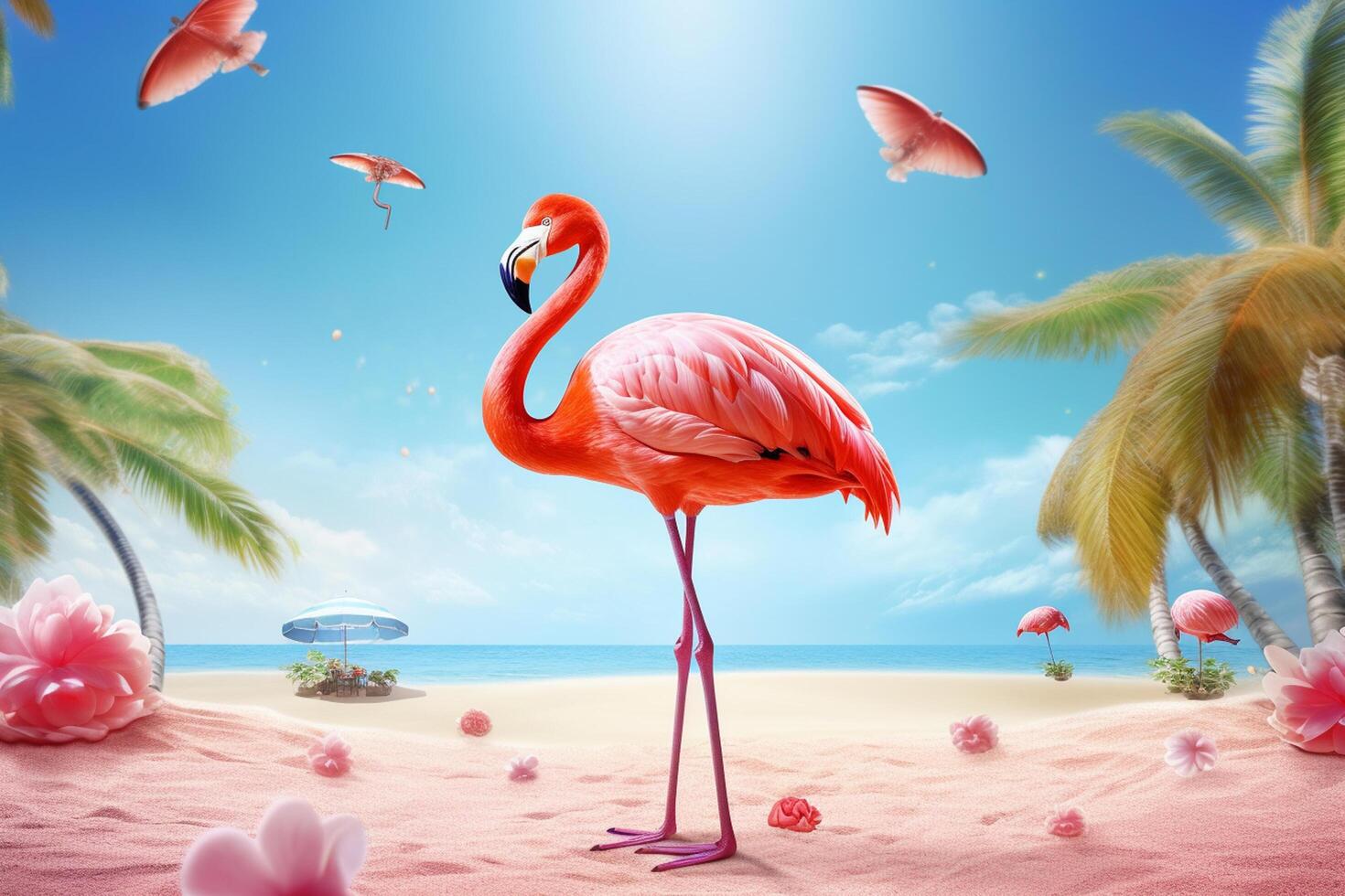 Pink flamingo with umbrella on the beach. 3d illustration. photo
