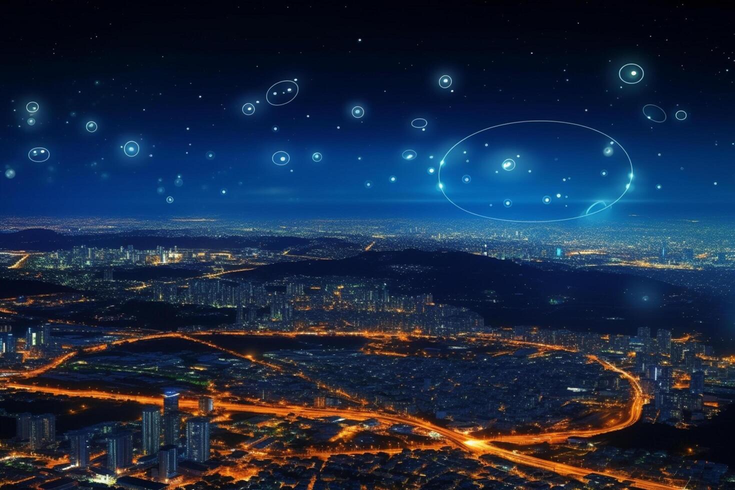 Modern city at night with connection lines on the background. photo