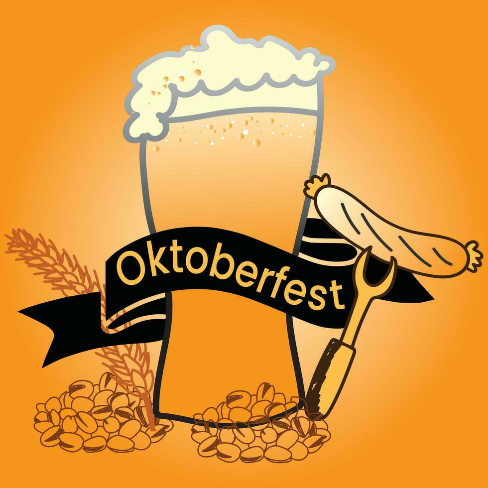 Oktoberfest German traditional beer festival banner. Octoberfest festival symbols. Full glass of beer with foam, pretzel loaf and wheat ears for October fest holiday. Oktoberfest background. vector