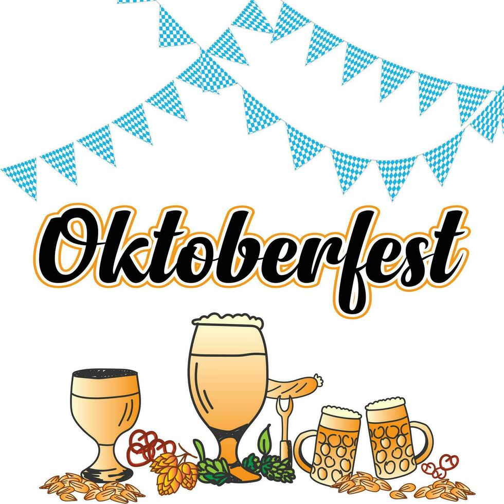 Oktoberfest Background. Happy Oktoberfest beer festival celebration. Oktoberfest background with beer symbols, icons, signs. Beer mug, bottle, glass. Oktoberfest Party, Poster, Banner,  Template. vector