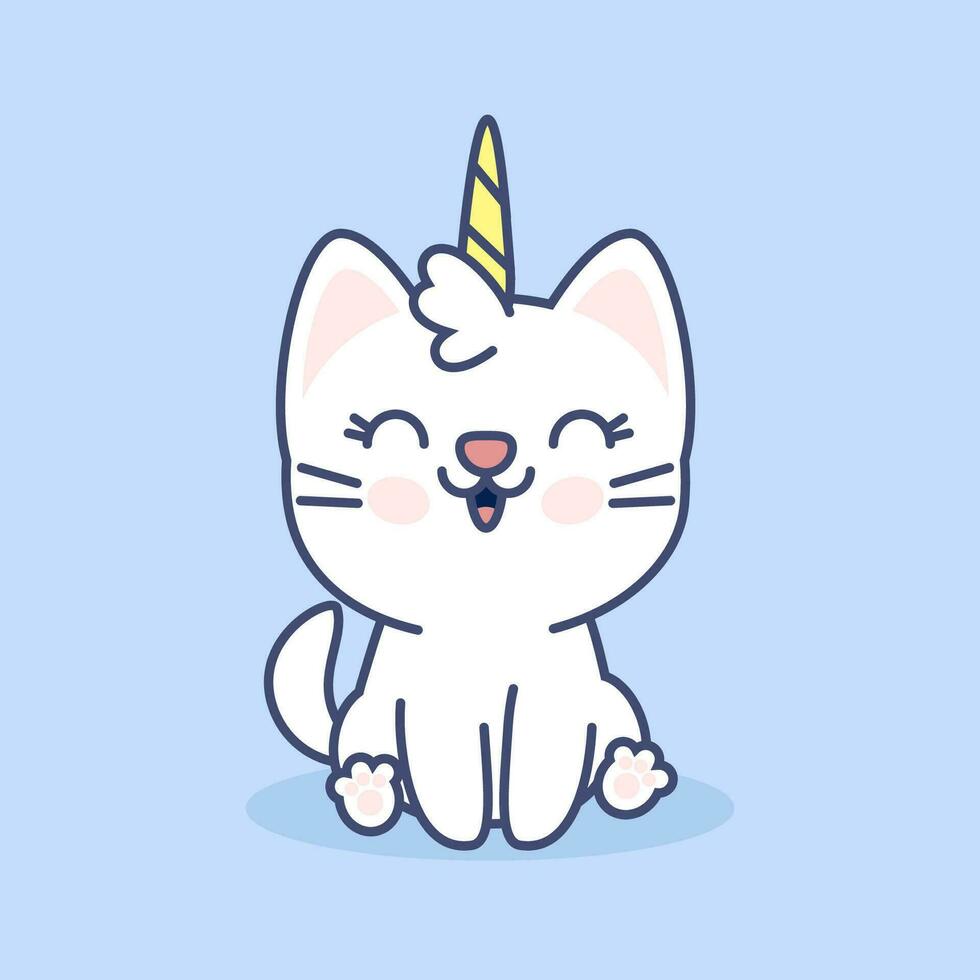 Cute white cat unicorn kawaii vector