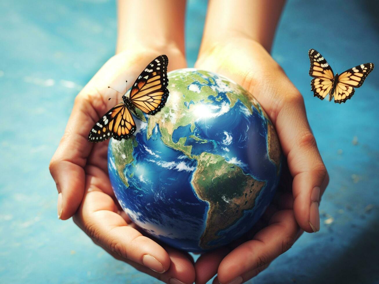 Hand holding earth with butterfly ai generative photo