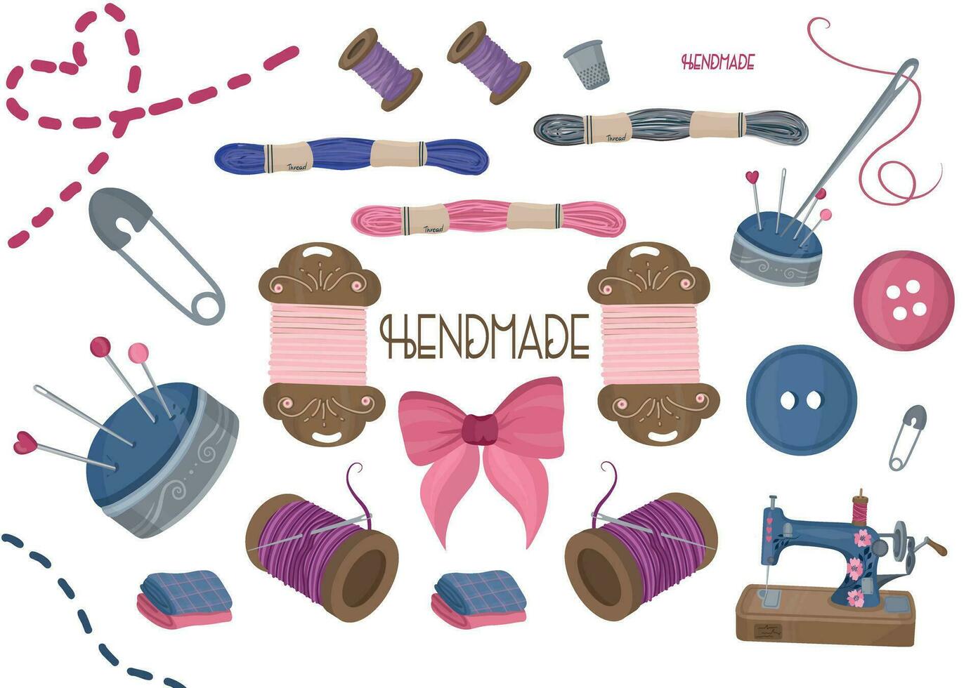 Set of handmade supplies. Sewing machine, pins, threads. vector