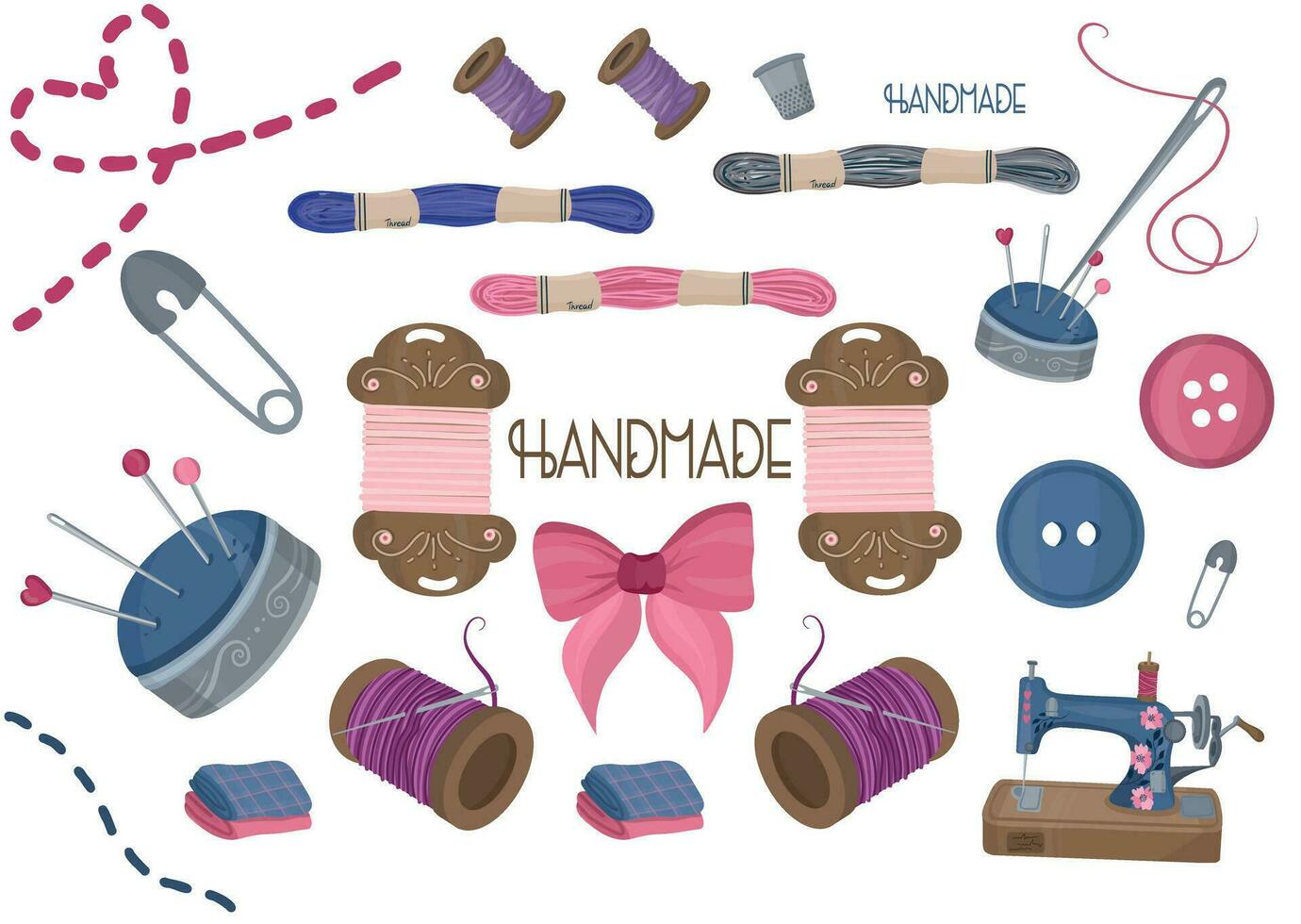 Sewing a big set of supplies. Handmade, workshop, hobby vector