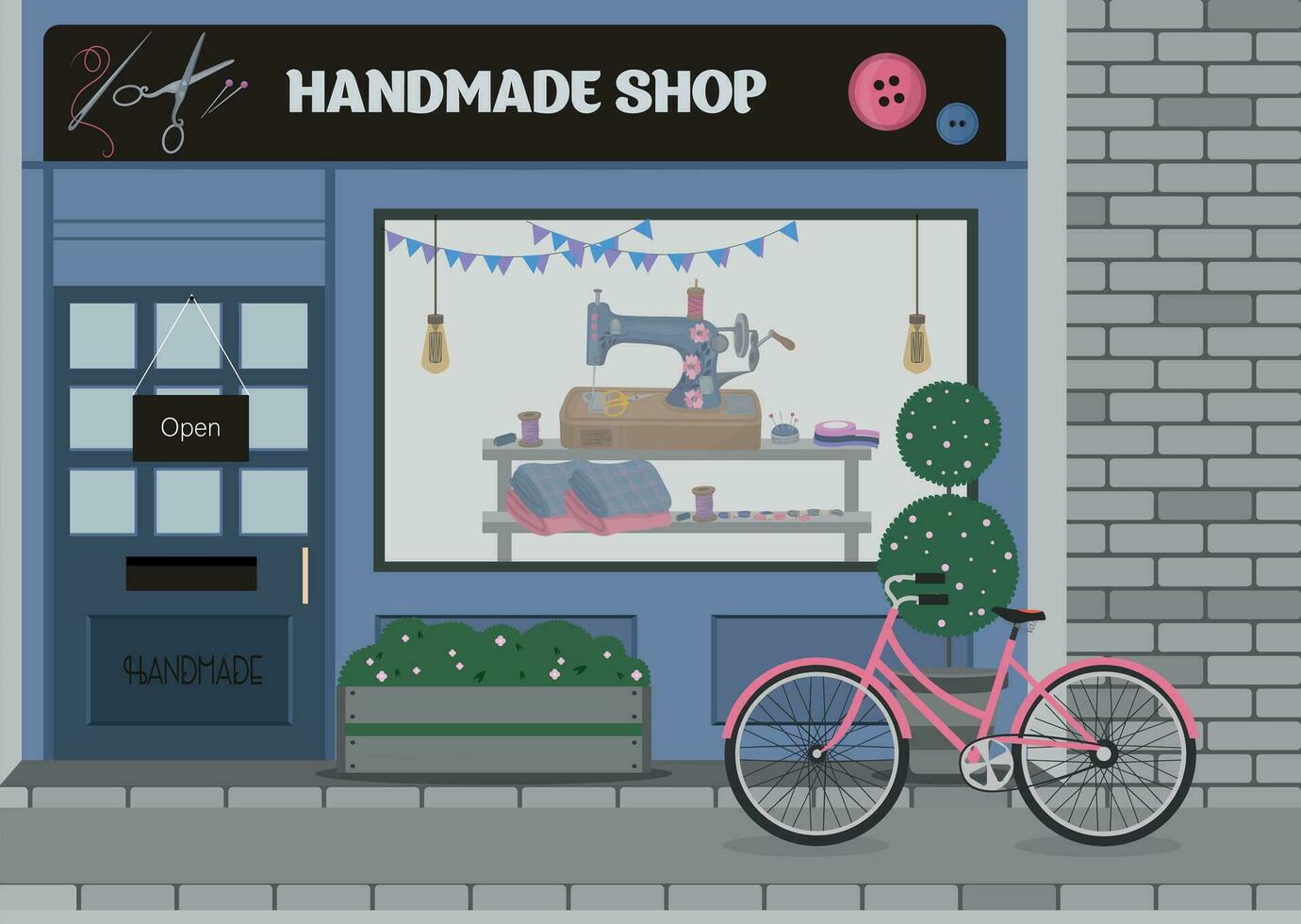 Handmade shop facade. Sewing items. Atelier building. Storefront view vector