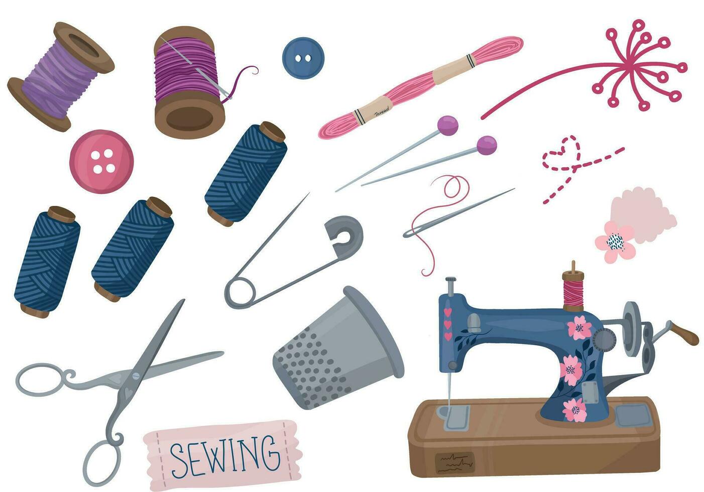 Set of handmade supplies. Sewing machine, pins, threads. vector