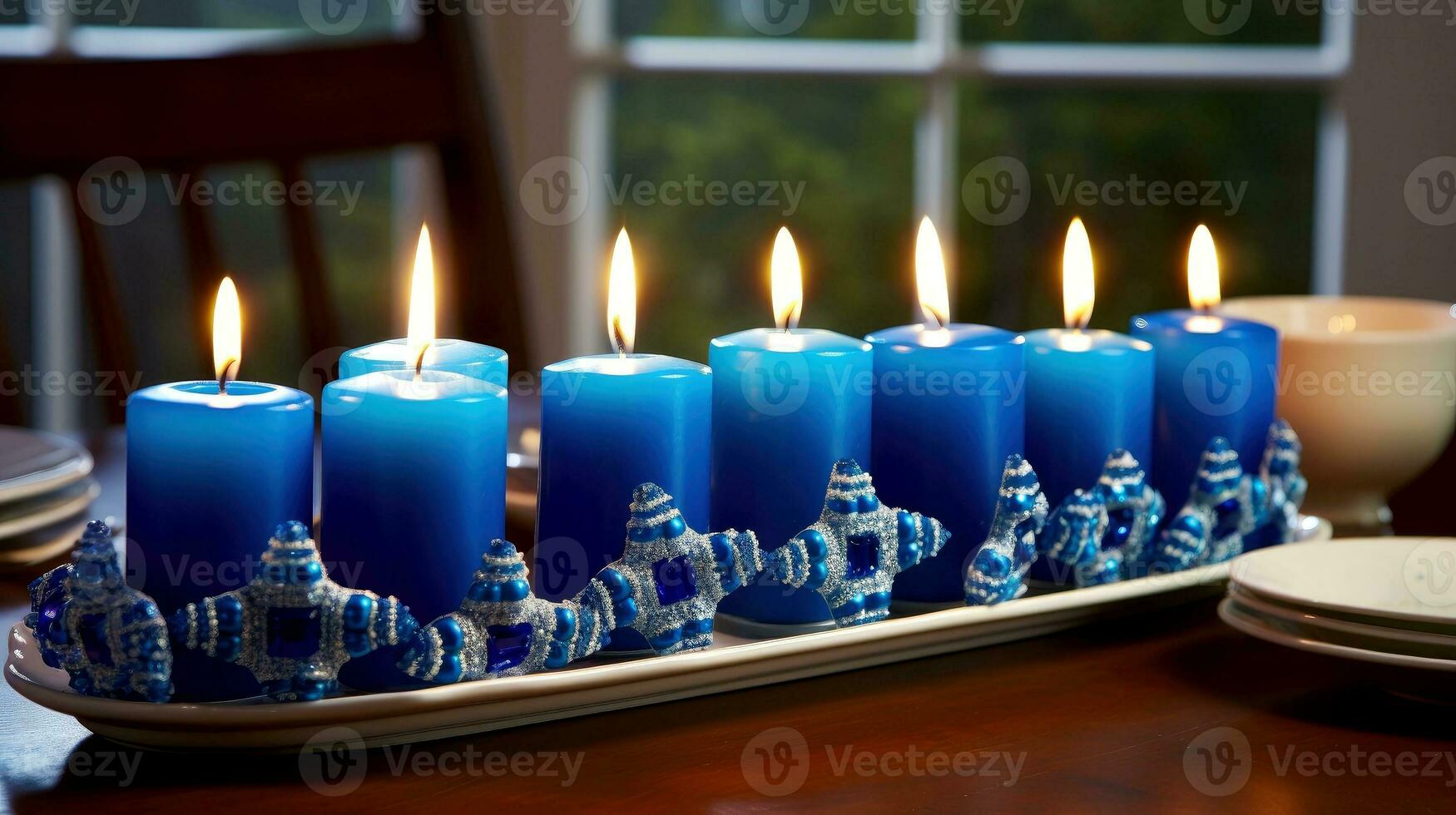 Hanukkah festive celebration concept, glow of the menorah with shining candles and star, Generative AI illustration photo