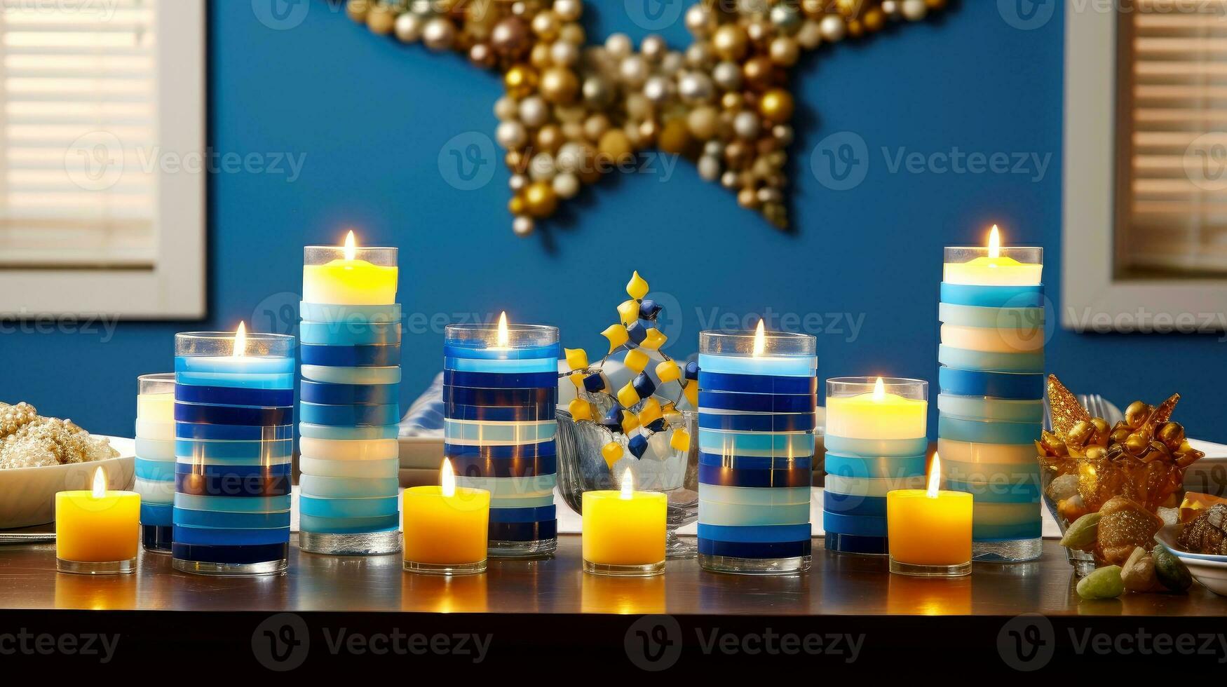 Hanukkah festive celebration concept, glow of the menorah with shining candles and star, Generative AI illustration photo