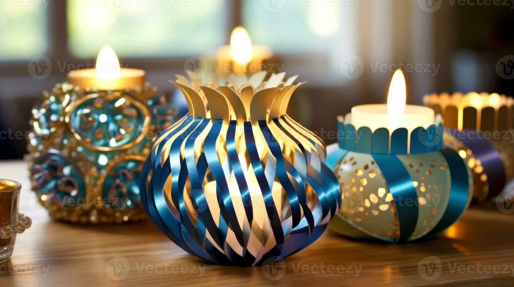 Hanukkah festive celebration concept, glow of the menorah with shining candles and star, Generative AI illustration photo