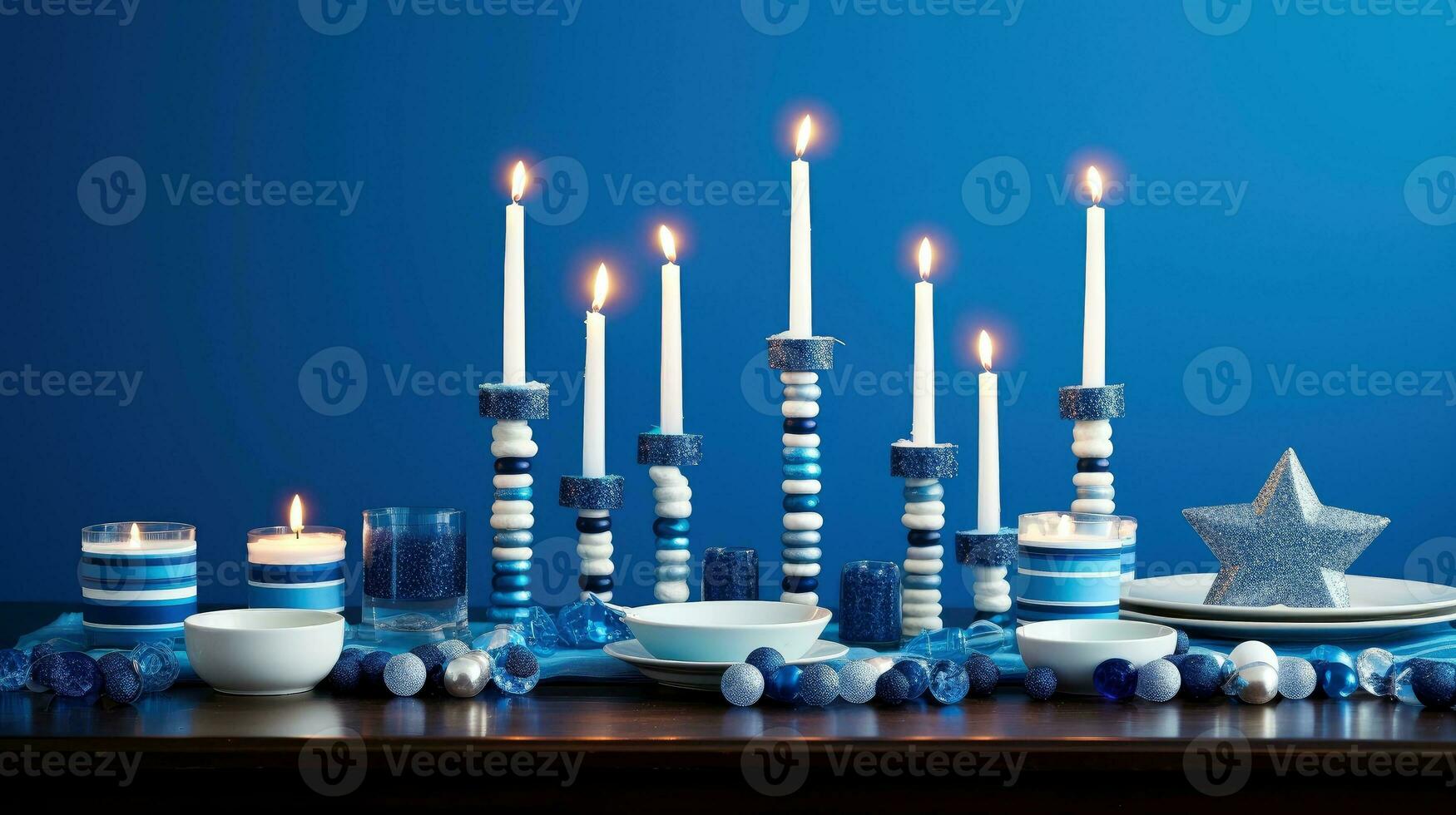 Hanukkah festive celebration concept, glow of the menorah with shining candles and star, Generative AI illustration photo