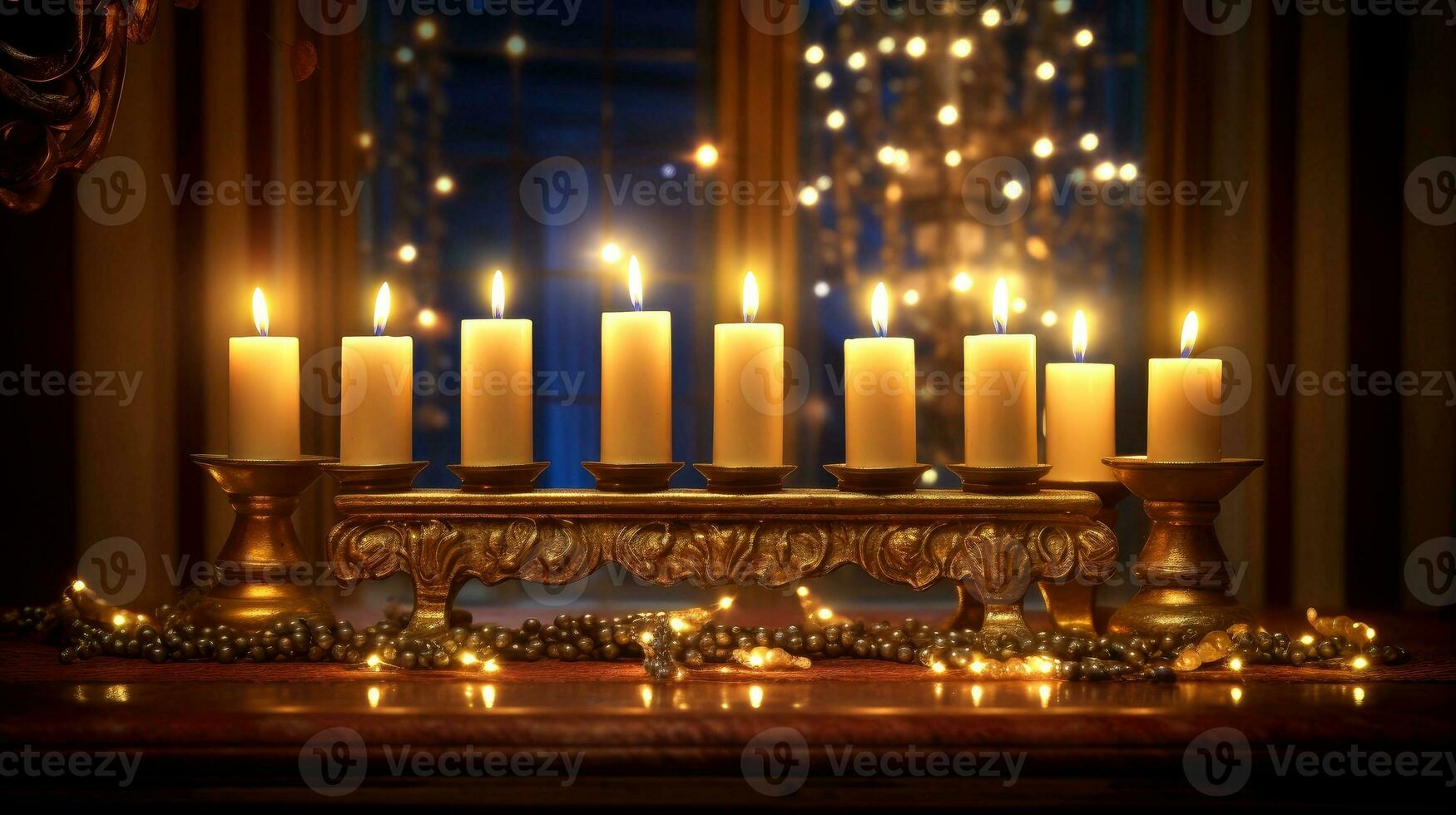 Hanukkah festive celebration concept, glow of the menorah with shining candles and star, Generative AI illustration photo