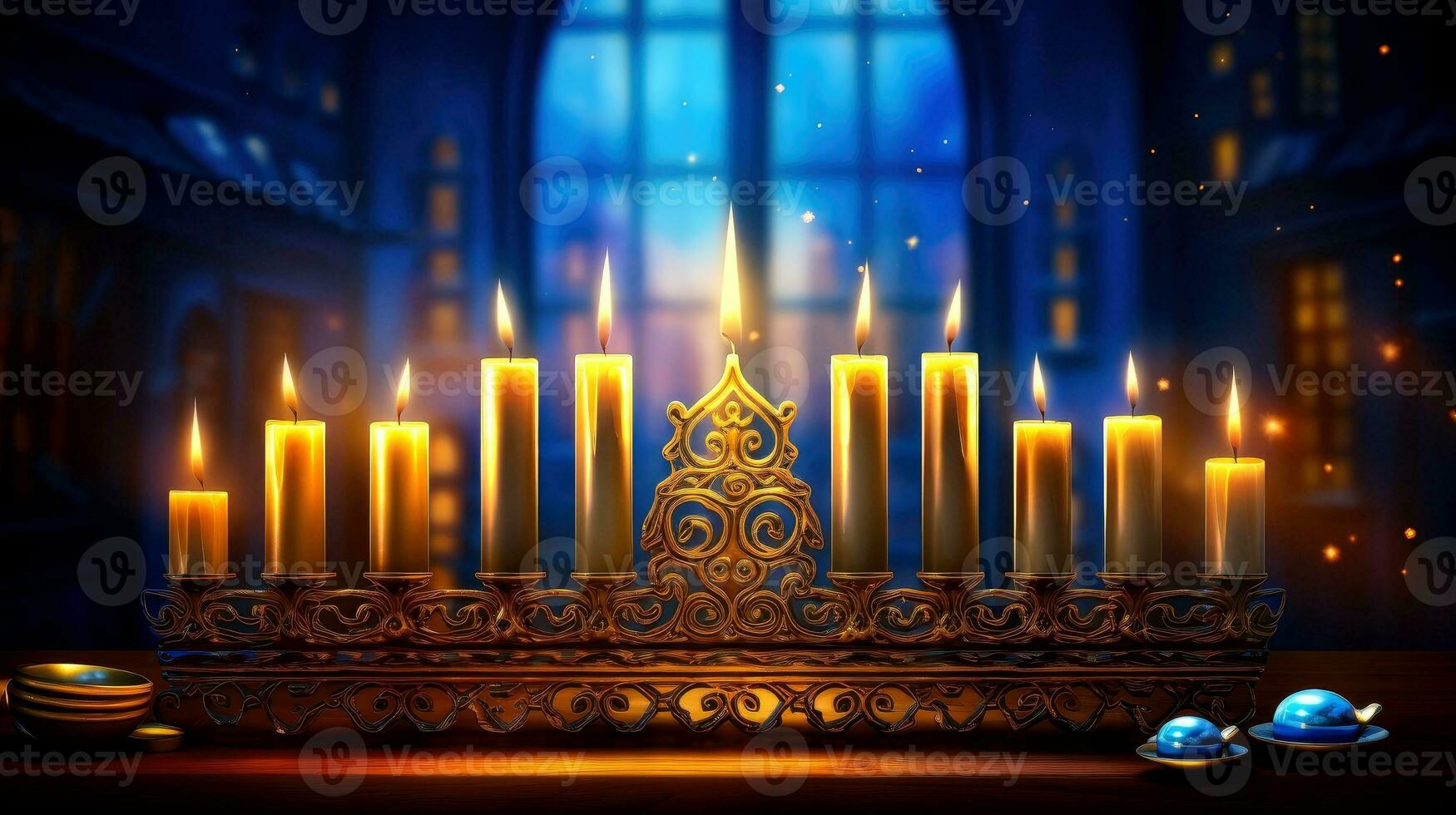 Hanukkah festive celebration concept, glow of the menorah with shining candles and star, Generative AI illustration photo