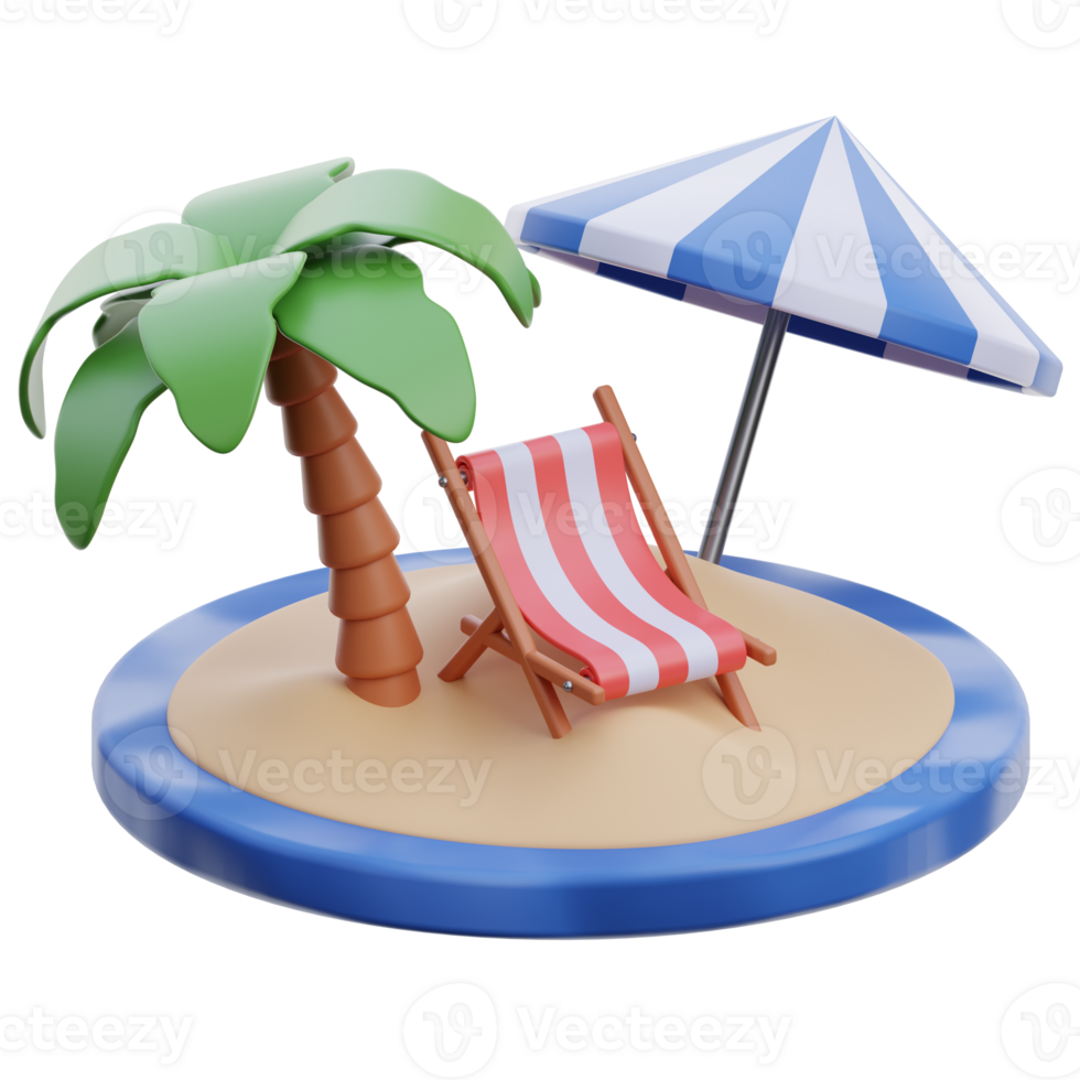 kokosnoot bomen met strand zand 3d icoon. tropisch eiland 3d icoon illustratie. zomer achtergrond met parasol strand paraplu en strand stoelen 3d renderen illustratie. png