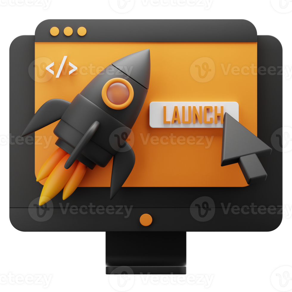 web launching 3d icon. monitor with rocket 3d icon render. project launch 3d icon illustration. png