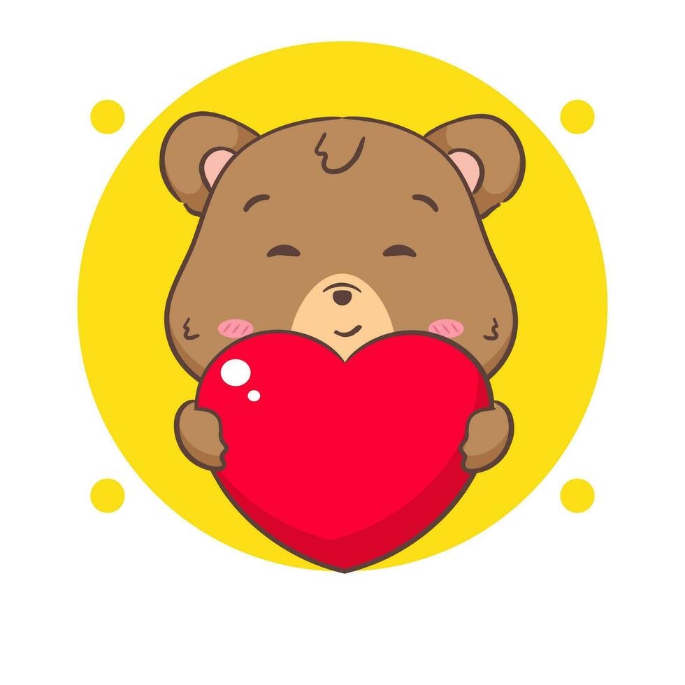 Cute brown bear holding love heart. Kawaii adorable animal and valentines day concept design. Isolated white background. Vector art illustration.