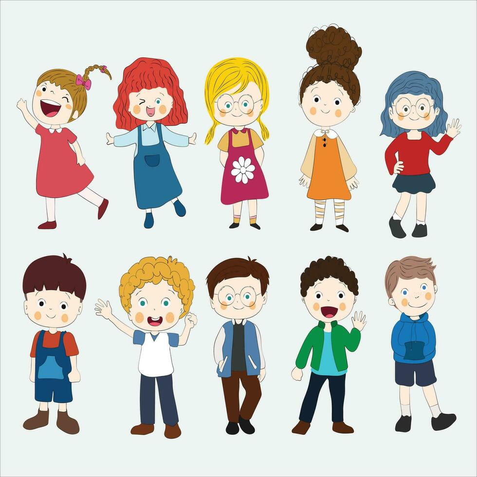 niños vector recopilación. mujer y hombre de pie. plano vector ilustración aislado en blanco antecedentes. colección de sonriente caras de Niños y muchachas con peinados, y cuerpo estilos.