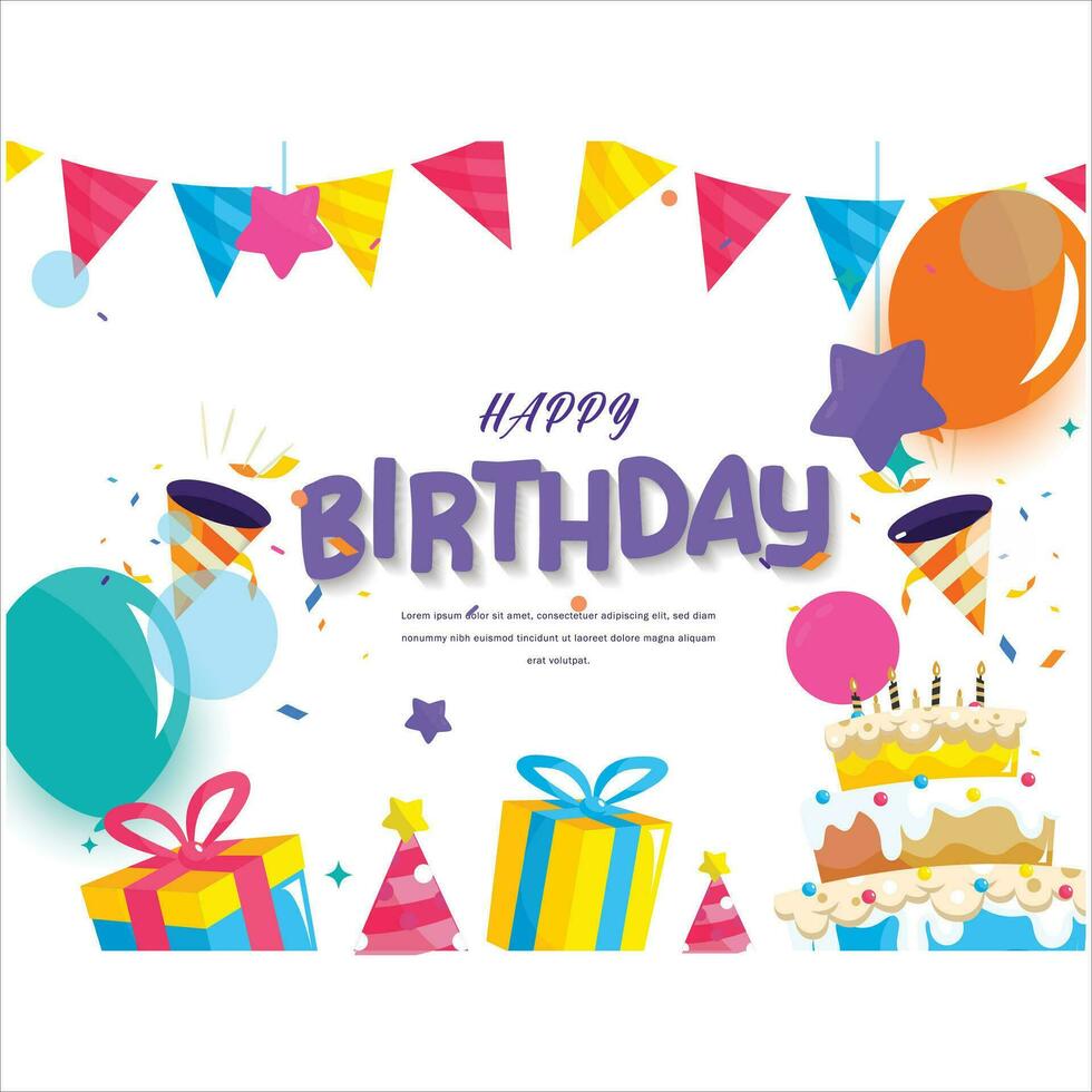 Happy Birthday celebration with typography design. Colorful balloon gift box and birthday cake on color background. Design for card template, greeting card, poster or banner. Vector illustration.