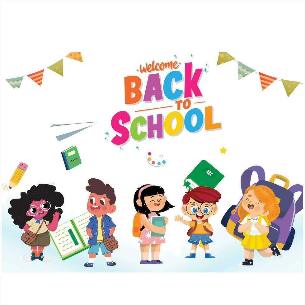 espalda a colegio ilustración, niños Bienvenido el alegría de volviendo a escuela. vector de niños, libros y papelería