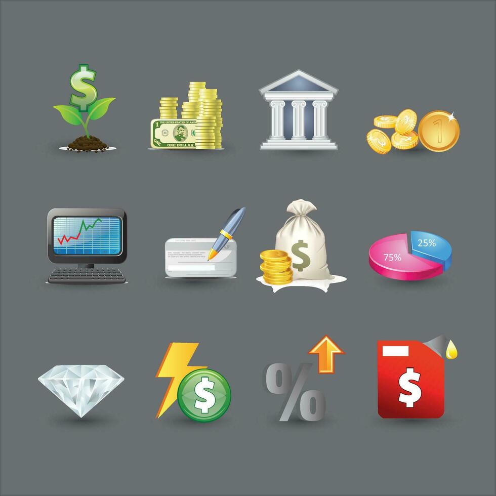 colección de íconos de diamantes, oro, dinero, Comparte, pago, crédito. conjunto de vector lineal íconos relacionado a inversión estrategias, comercio servicios, financiero gestión.