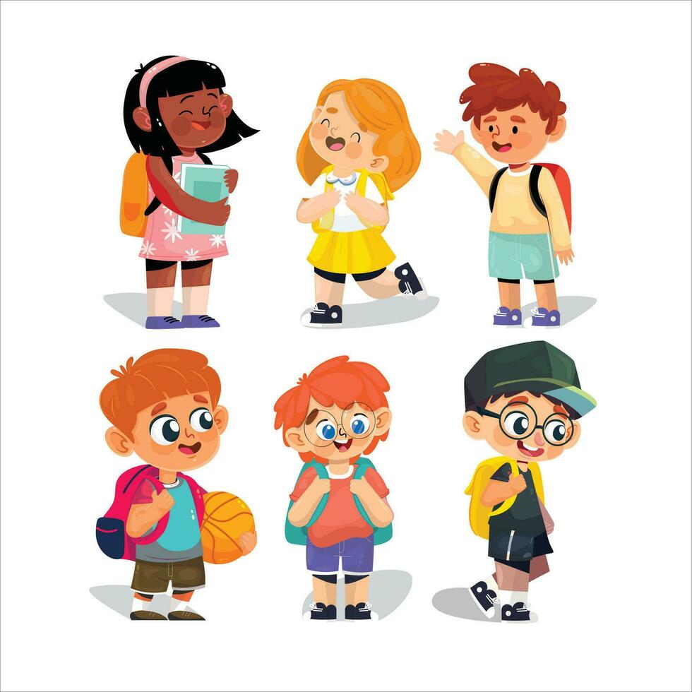 Set of school kids with school supplies.Pupils with books and backpacks. vector.Set of preschoolers children teenagers characters in different poses,clothes,wear. Children fashion models.Kids apparel. vector