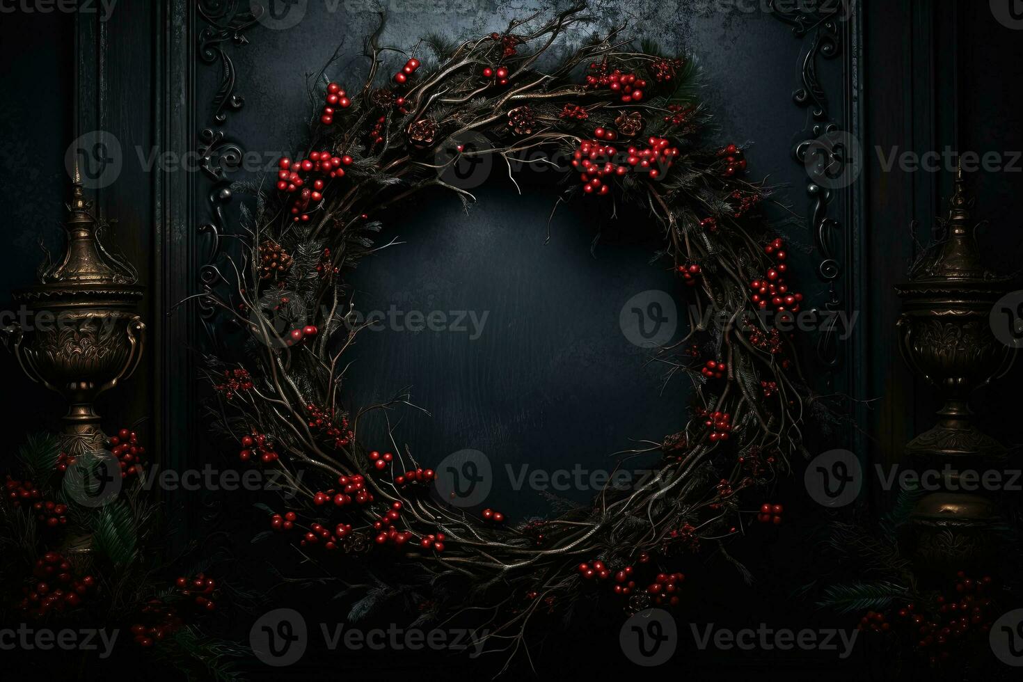 Generative AI, Close up Christmas wreath, dried branches, red berries, pine, balls and flowers on dark moody floral textured background. photo