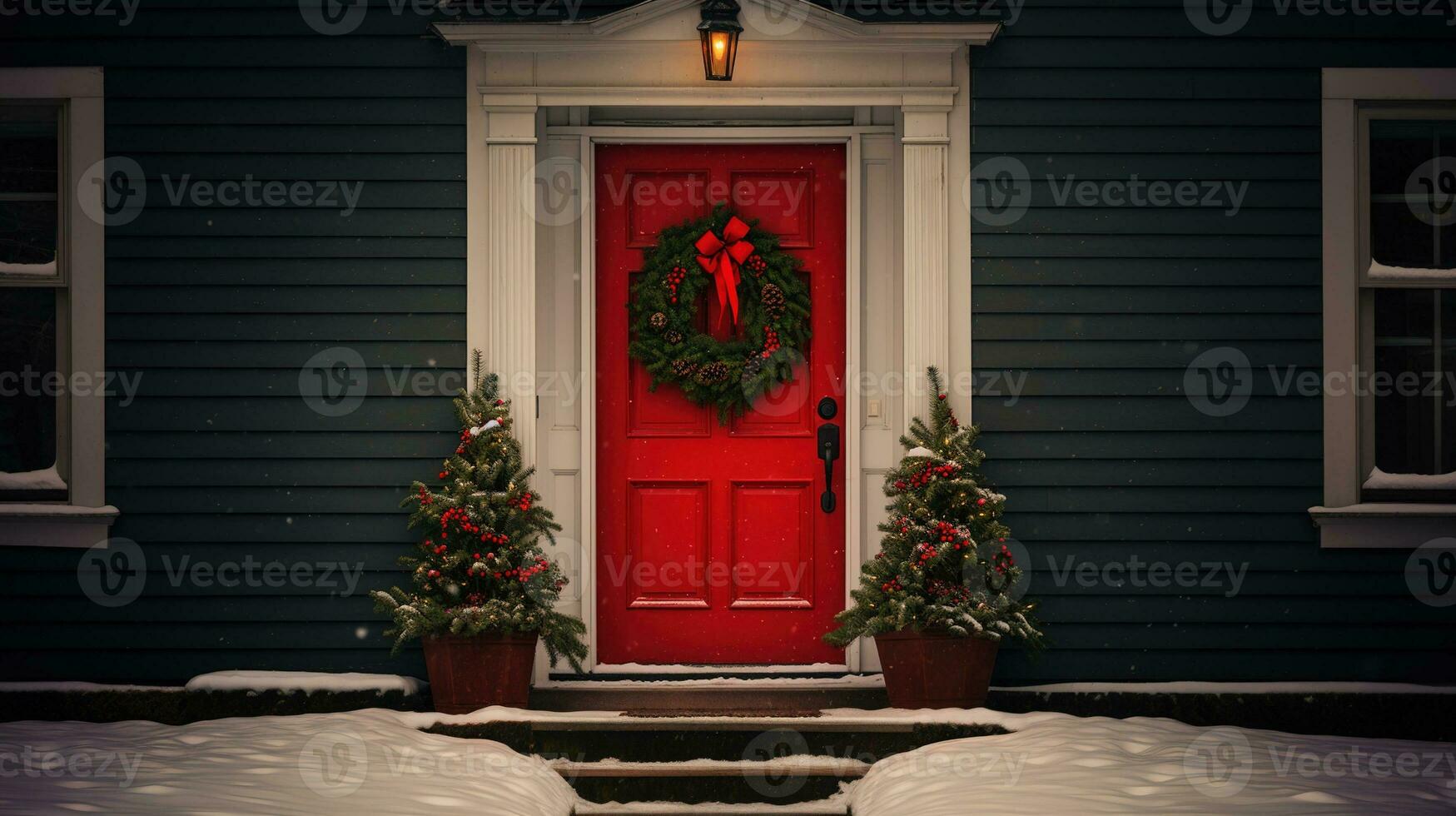 Generative AI, Front door with Christmas decoration, wreath and garland. Red and grey colors photo