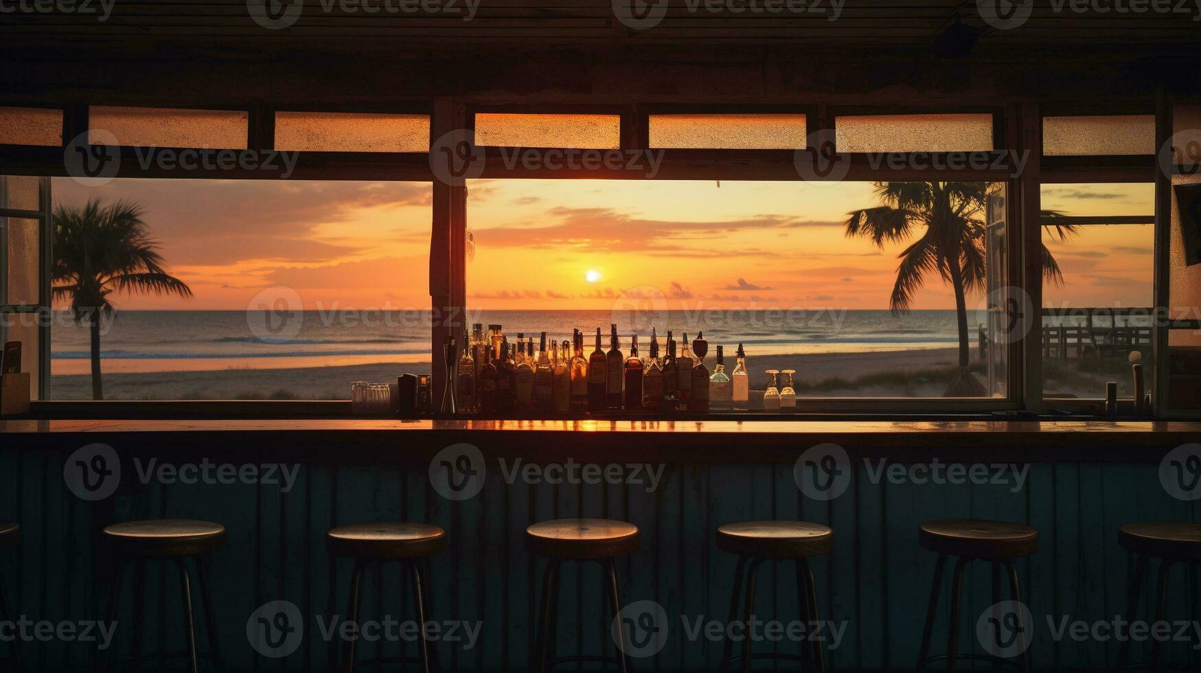 Generative AI, summer sunset beach bar background. Outdoor restaurant, Led light candles and wooden tables, chairs under beautiful sunset sky, sea view. photo