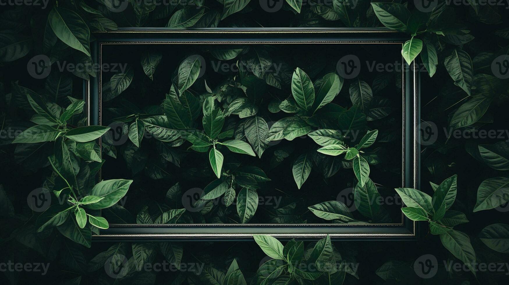 Generative AI, creative layout with green leaves and square frame, flat lay. Nature background with copy space photo