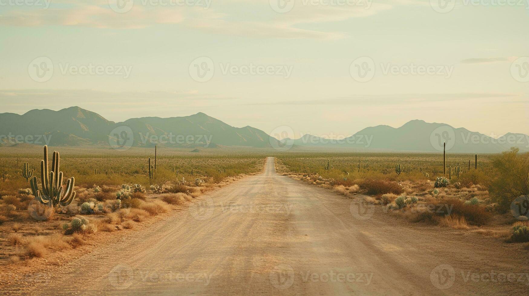 Generative AI, lonely road in the desert, aesthetic, muted neutral colors, cacti plants photo