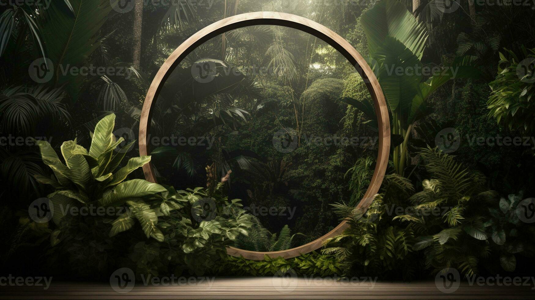 Generative AI, Empty circle wooden frame and tropical leaves on jungle background. For product display. photo