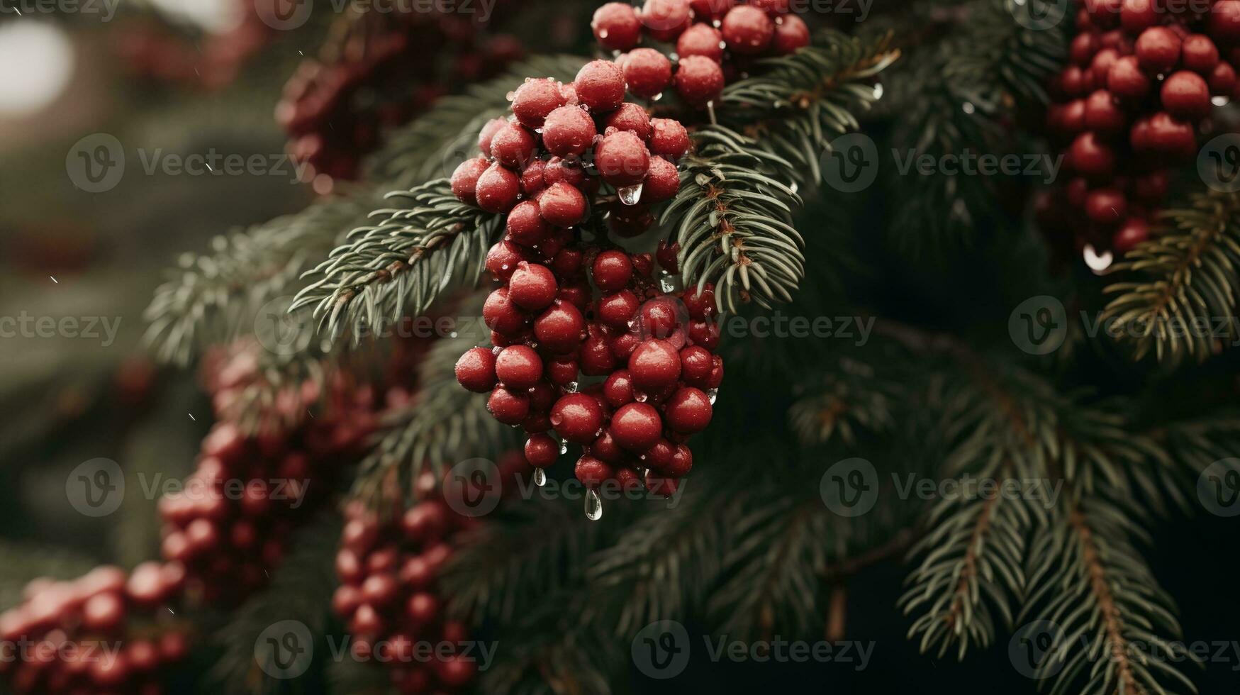 Generative AI, Chhristmas and new year balls in the fir tree branches, holidays concept, festive winter season background photo