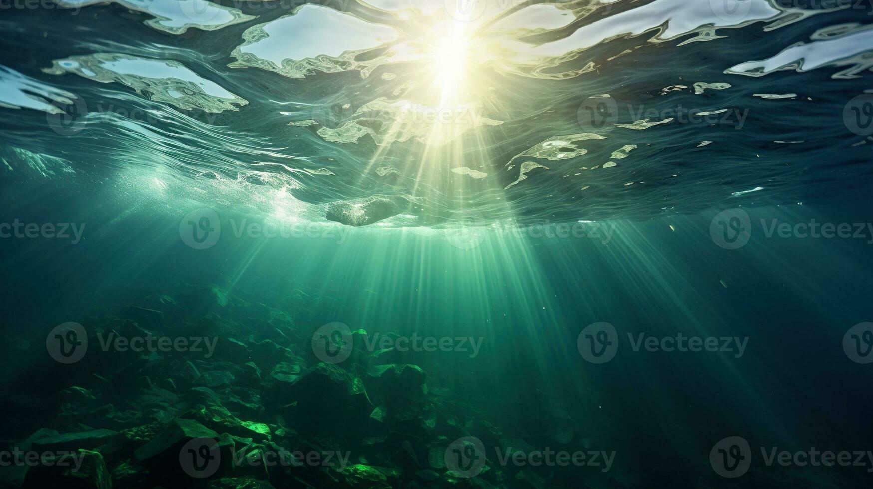 Generative AI, Dark blue ocean surface seen from underwater with sun light photo