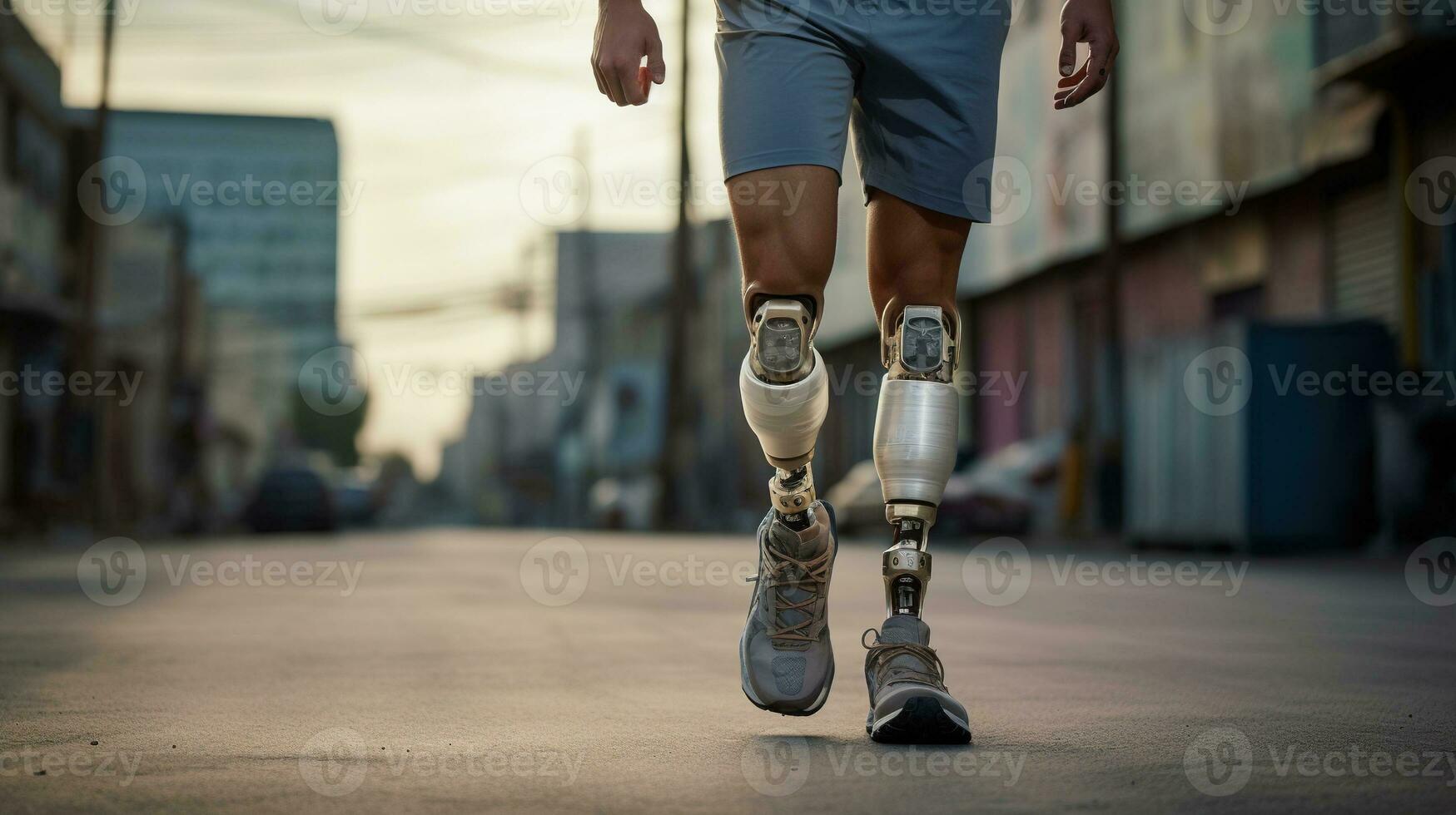 Generative AI, person with disability, prosthetic limb running and does not feel obstacles, photo