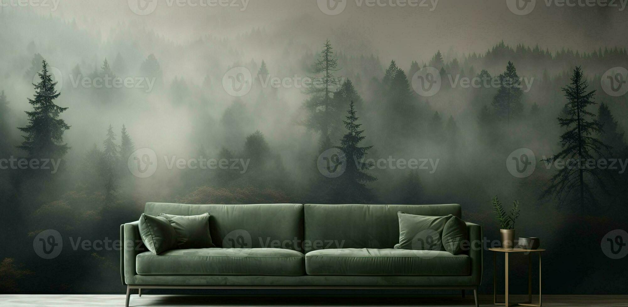 Generative AI, Interior design with couch, sofa and wallpaper of fir forest beautiful landscape in hipster vintage retro style, foggy mountains and trees. photo