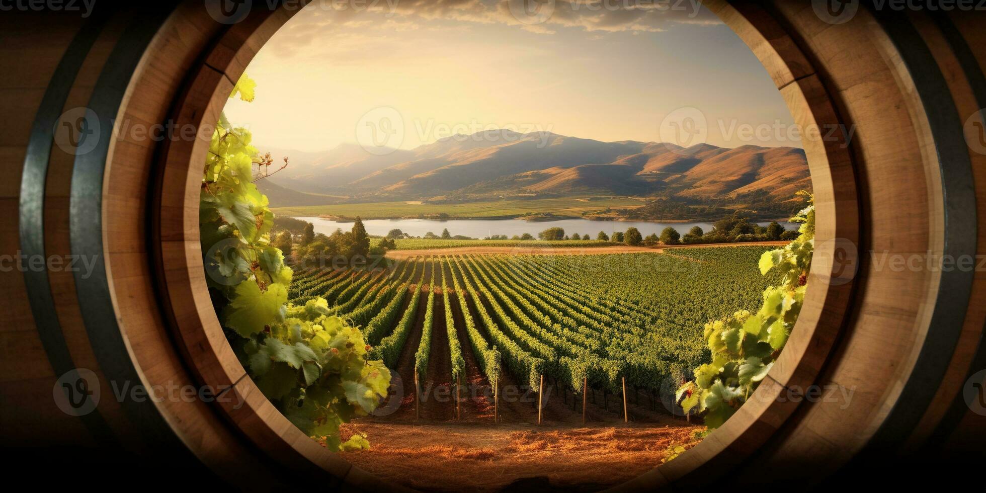 Generative AI, beautiful vineyard with wooden barrels, green landscape. Rows of vines on sunset photo