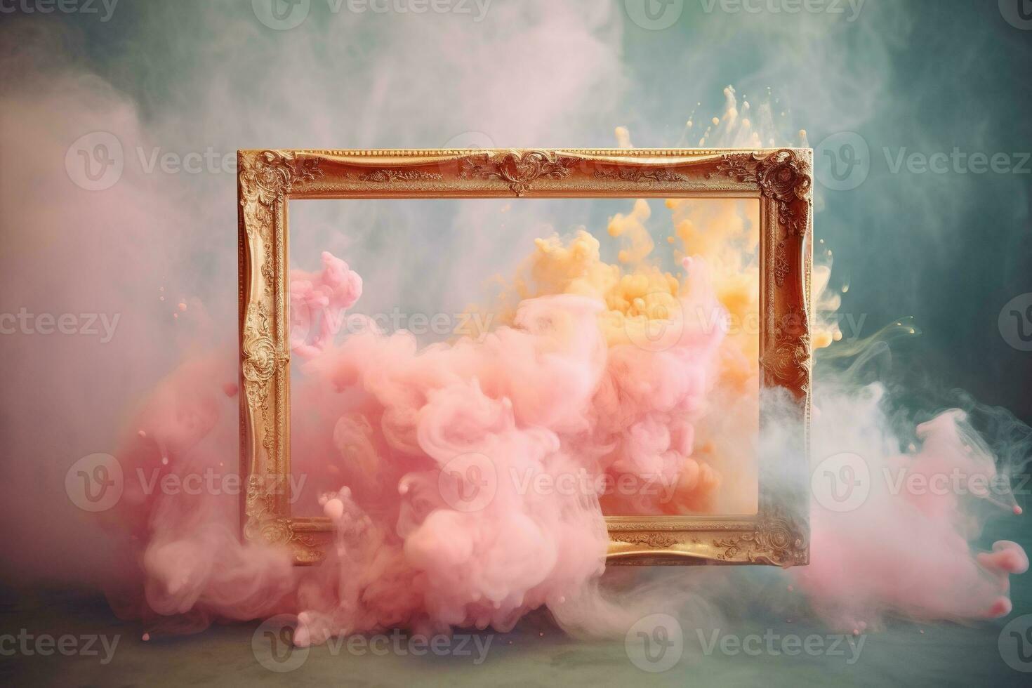 Generative AI, pastel light smoke around empty vintage beautiful frame. photo