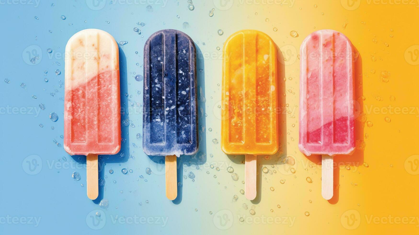 Generative AI, Fruit ice cream or sorbet on a stick, bright color, summer mood, panoramic view photo